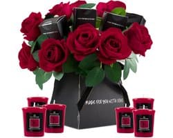 Geurkaars Cadeauset - Bloemen Boeket - Cadeau Geven - Realistische Kunstbloemen - 6 Kaarsen - Rood