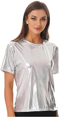 Metallisch T-shirt voor Dames, Glanzend Holografisch Top, Korte en Lange Mouwen, Perfect voor Carnaval en Feestjes — thumbnail 3