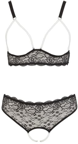 Cottelli Plus Size –  Lingerie Set van Kant Open Kruis en Borsten met Parelbanden – Maat 2XL – Zwart — thumbnail 2