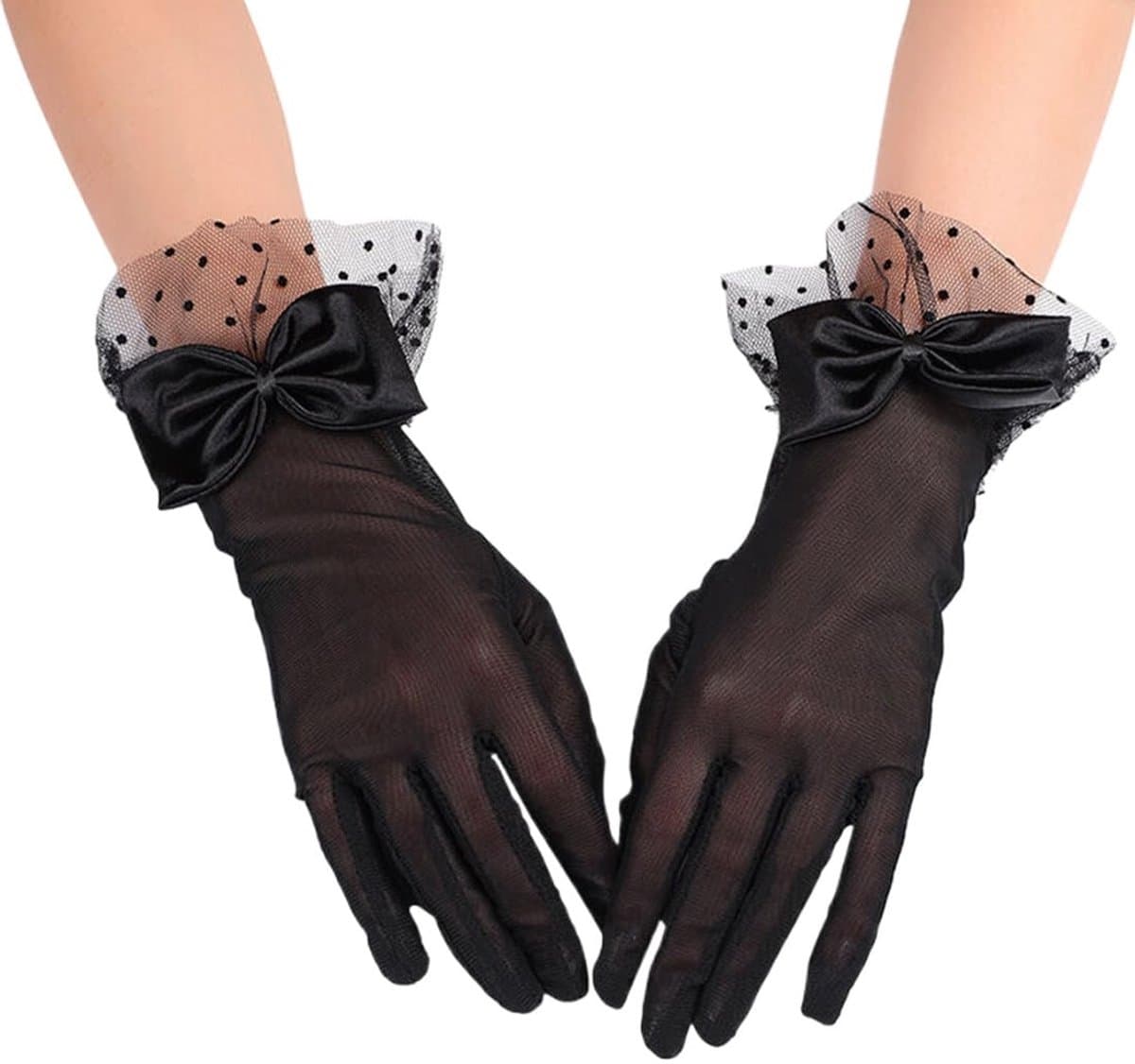 Dailygoods- Dameshandschoenen Kanten - Korte Satijnen Handschoenen - Bruidshandschoenen - Retro Stijl - Elegante Look - Versierd met Strikken — afbeelding 1