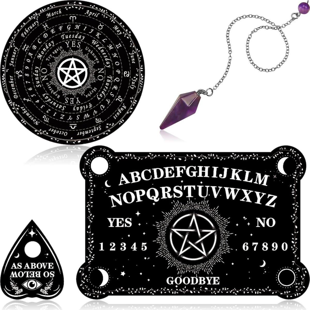 Wichelroede Bord Set - Waarnemingsspel - Intuïtie Ontwikkelen - Met Amethist Slinger - 21.59 x 31.75 cm - Zwart Wit — afbeelding 1