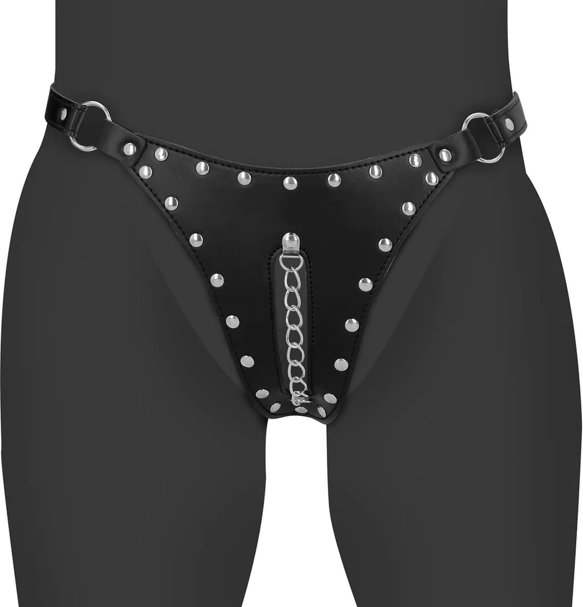 PU Leather Chastity Thong with Chain Detail - Black — afbeelding 1