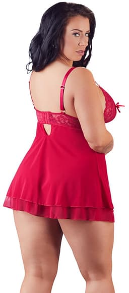 Cottelli Plus Size – Erotische Babydoll met Kanten Buste Motieven en Open Cups – Maat L – Rood — thumbnail 2