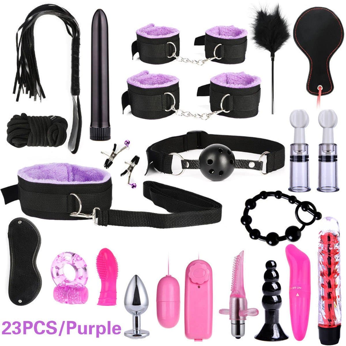 Daity BDSM Bondage Set – 23 Delig – Luxe Koppel Set met Handboeien, Blinddoek, Vibrator & Accessoires – Verstelbaar & Comfortabel – Voor Koppels & Rollenspel – Paars — afbeelding 1