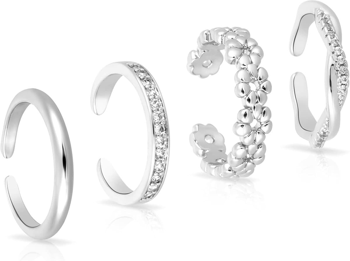Teenringen Set - Voetjuwelen Vrouwen - Strand Zomer - Verstelbaar Open Design - 4 Stuks - Zilverkleurig — afbeelding 1