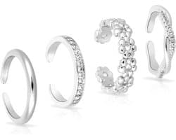 Teenringen Set - Voetjuwelen Vrouwen - Strand Zomer - Verstelbaar Open Design - 4 Stuks - Zilverkleurig