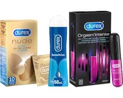 Durex - 10 stuks Condooms - Nude XL - 110 ml Glijmiddel - Intense Orgasm 10ml - Play Sensitive 100ml - Voordeelverpakking