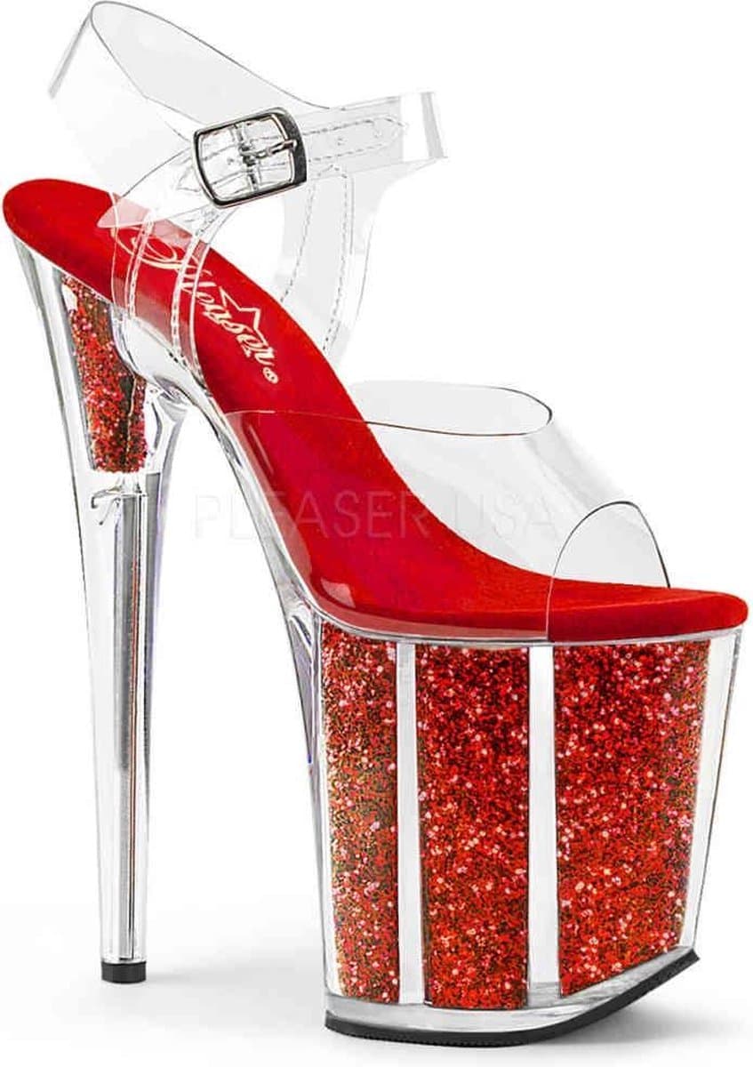 Pleaser - FLAMINGO-808G Sandaal met enkelband, Paaldans schoenen - Paaldans schoenen - 35 Shoes - Rood/Transparant — afbeelding 1