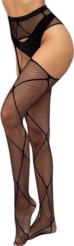 Sexy Panty met Open Heupen - 2 in 1 Jarretels en Panty - Zwart met Patroon - Open Zijkanten - Erotische Elegante Panty - Lingerie - Doorzichtig - One Size — thumbnail 2