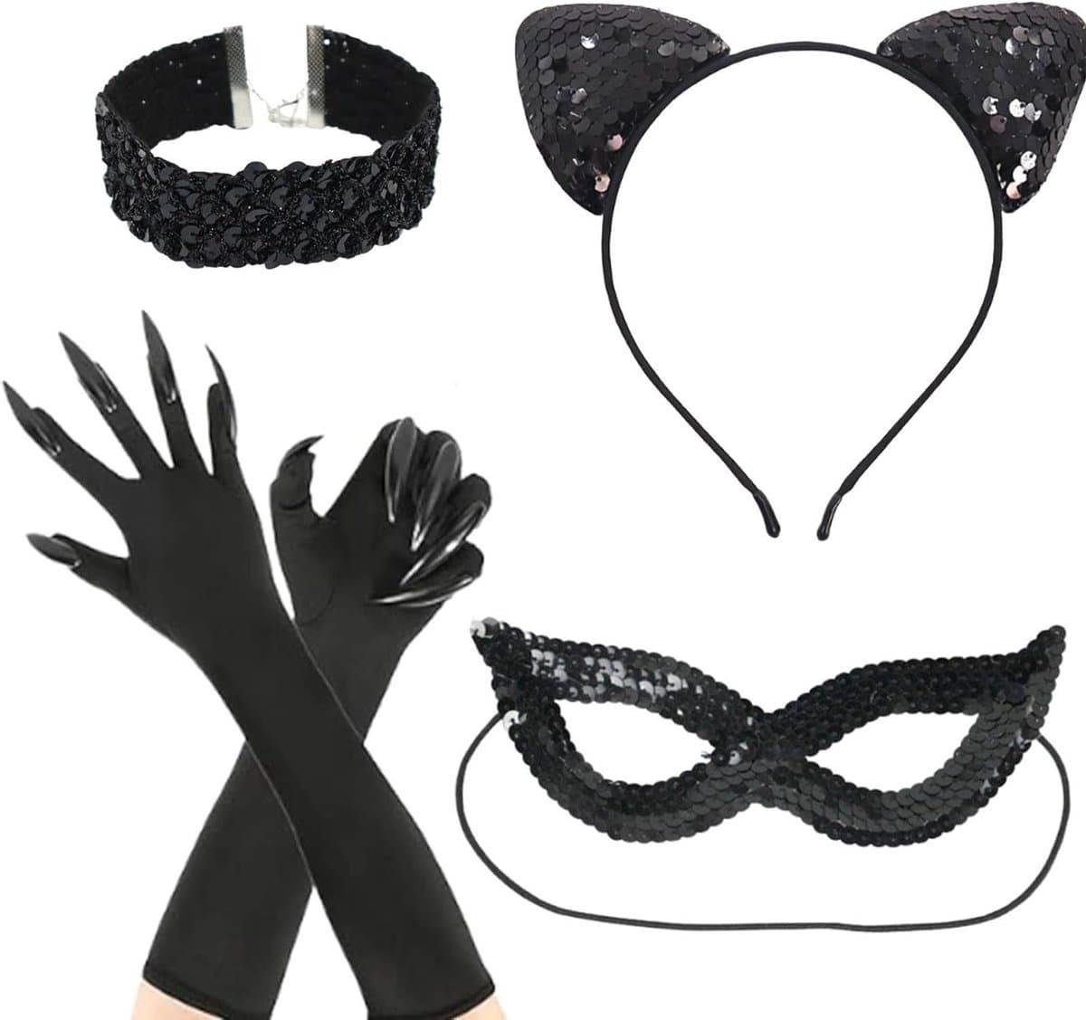 Catwoman kledingaccessoireset voor volwassenen - 4-delige set met kattenoren, masker, halsband en handschoenen voor Halloween en kostuumfeesten — afbeelding 1