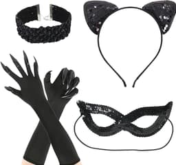 Catwoman kledingaccessoireset voor volwassenen - 4-delige set met kattenoren, masker, halsband en handschoenen voor Halloween en kostuumfeesten — thumbnail 1