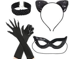 Catwoman kledingaccessoireset voor volwassenen - 4-delige set met kattenoren, masker, halsband en handschoenen voor Halloween en kostuumfeesten