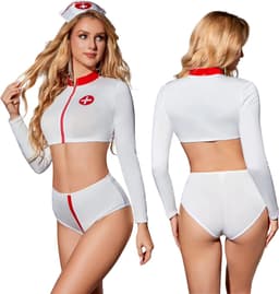 Sexy Verpleegster Kostuum - 3-Delig Zuster Lingerie Pakje - Wit & Rood - Rollenspel / Cosplay / Roleplay - Zuster / Dokter / Arts / Verpleegster - Slip, Haarband & Top - Maat XL — thumbnail 1