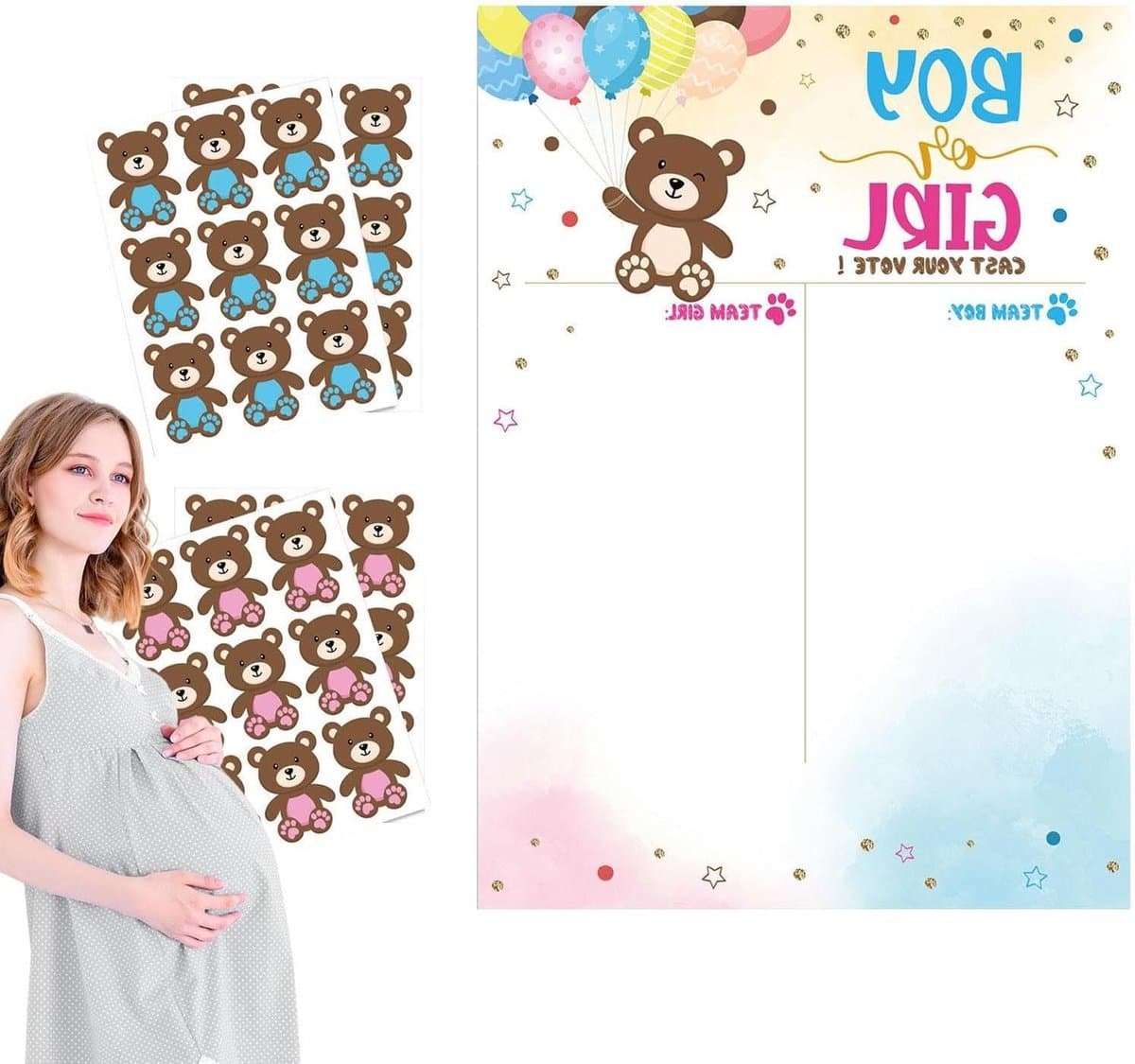 Gender Reveal Spel - Baby Voorspelling - Feest Activiteit - Interactief Stemspel - 1 Poster 36 Stickers - Wit — afbeelding 1
