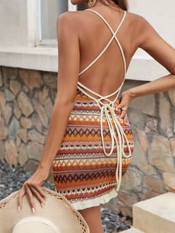 Dames Cami Jurk Mouwloos Maat M – Boheemse Korte Zomerjurk met Gestreept Patroon, Striksluiting en Casual Strandlook — thumbnail 3