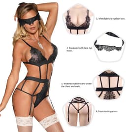 Sexy Lingerie - Erotische Sensuele Body Set van Zwart Kant met verstelbare banden en Masker - Sexy Teddy - Erotiek Kleur Zwart - maat 3XL-4XL — thumbnail 4