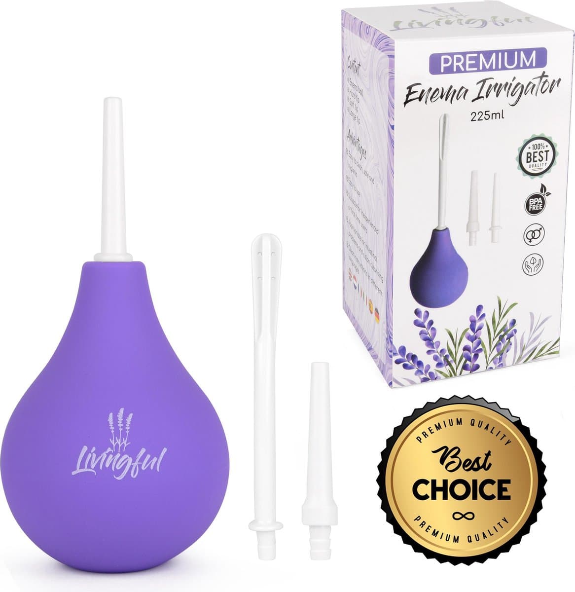 Livingful Premium Enema Irrigator 225ml • Klysma Set • Enema Kit • Anal Shower Irrigator • Voor constipatie •  Hygiënische darmreiniging • Darmreiniging • Optimale darmreiniging • Anale douche • Vaginale douche • Ontgifting • Laxeermiddel•Comfortabel — afbeelding 1