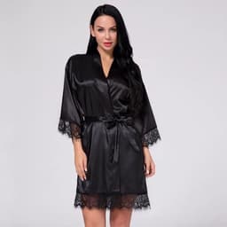 Sexy dames kimono - Maat XL - Zwart - Kant - Avondjas - Satijnen badjas - Zwart - LOUZIR — thumbnail 5