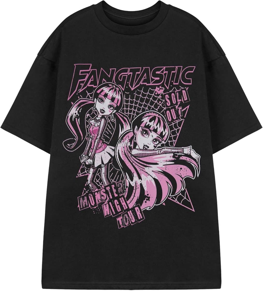 Monster High Draculaura T-shirt met Spinnenweb Motief, Zwart met Roze en Witte Prints, Korte Mouwen, Ronde Hals — afbeelding 1