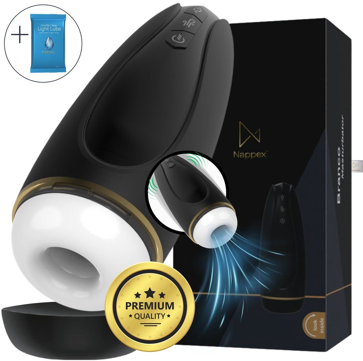Masturbator voor Man - Nappex™ Branco Automatische Blowjob Simulator [Discreet Verzonden] - 16 Stille Zuig- en Vibratiestanden - Uitneembare Binnenhoes - Pocket Pussy Electrisch - Sex Toys voor Mannen en Koppels - Kunstvagina - Seksspeeltjes - Zwart — afbeelding 1