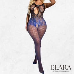 Elara - Aveline - Bodystocking Erotische Lingerie met Open Kruis - Catsuit - S t/m XL - Sexy Dames Lingerie - Zwart/Blauw — thumbnail 4