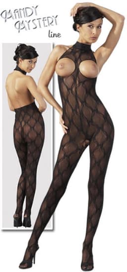 Mandy Mystery Lingerie – Sexy Catsuit Halter Model Klittenband met Vrije Borsten en Open Kruis – Maat SL - Zwart — thumbnail 1