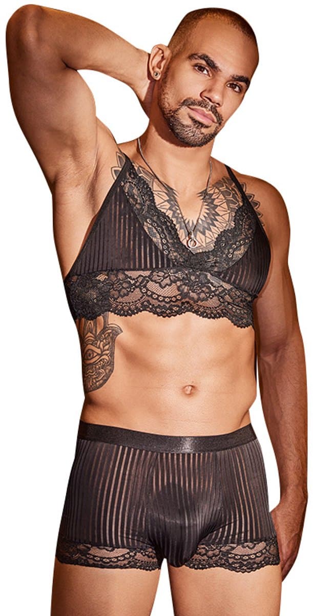 Sexy Lace Herenshirt en Boxershort Set - Zwart - Nieuwe stijl - Herenshirt en Boxershort - Lingerie voor Mannen - Onderbroek - Ondergoed - Sexy Herenlingerie - Zeer elastisch - Erotisch en sexy - Bikini - Sexy - Boxershort - Zacht en comfortabel — afbeelding 1