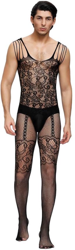 Zeloria Heren Bodystocking Visnet Catsuit – Transparante Heren Lingerie met Kant – Bodystocking voor Mannen – Mesh Stretch Bodysuit – Zwart – L/XXL — thumbnail 1