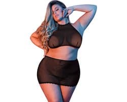 Polka Dot Mesh Halter & Skirt Set - Zwart - Queen Size