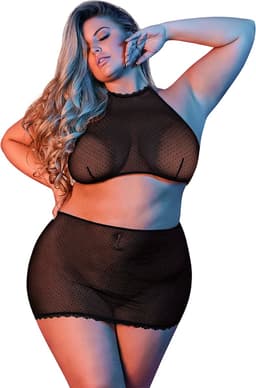 Polka Dot Mesh Halter & Skirt Set - Zwart - Queen Size — thumbnail 1