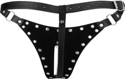 PU Leather Chastity Thong with Chain Detail - Black — thumbnail 2