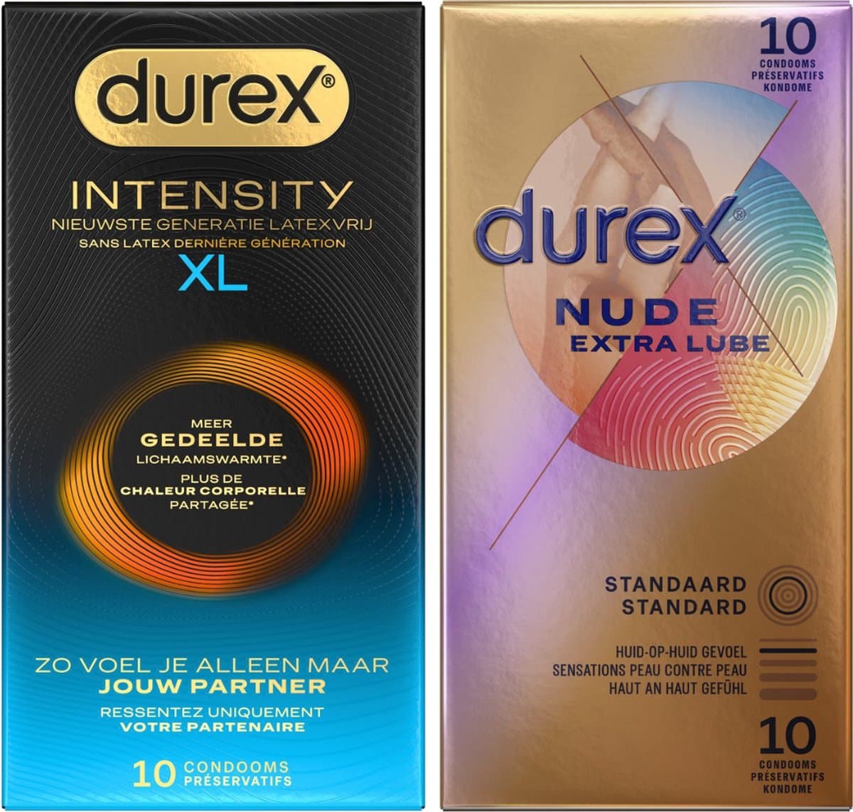 Durex - 20 stuks Condooms - Intensity XL Nieuwste generatie ultradun, gedeelde lichaamswarmte 10st - Nude Huid op Huid gevoel Extra Lube 10st - Voordeelverpakking — afbeelding 1
