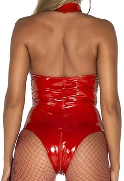 Lingerie Bodysuit - Latex look - Rits voor Open Kruis - PU leer - Dames - Rood — thumbnail 2