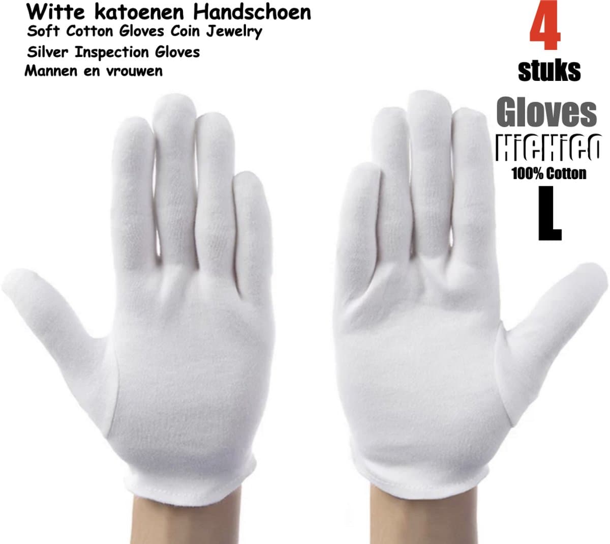 Katoenen handschoenen wit L 4stuks – 2paar Beschermende Handschoenen - Medium - Gezondheidszorg - Ziekenhuis - Beauty Center, Kapper en Salon Spa Tattoo – Jewelry - eczeem / allergie / handcreme - juweliers / munt handschoen — afbeelding 1