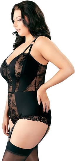 Cottelli Plus Size – Jarretel Body Lingerie Set met Transparante Delen en Verticale Stukken Vrouwelijk en Uitdagend – Maat 90F/XL – Zwart — thumbnail 4