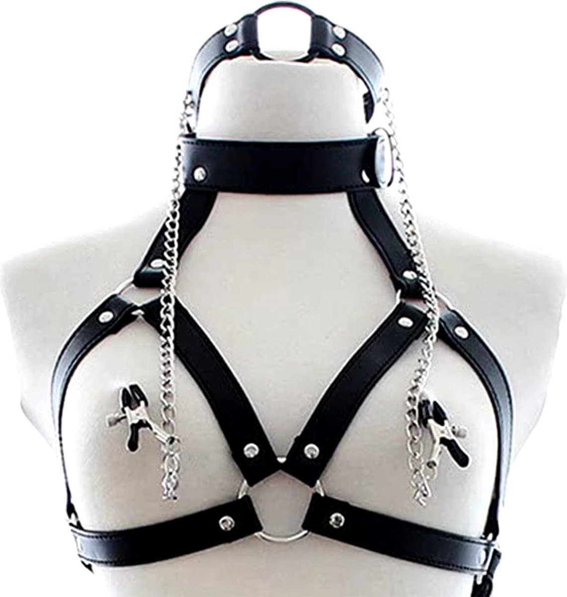 PU Lederen bondageharnas - Tepelklemmen en gag - Volledig verstelbaar - BDSM Speelgoed - Unisex — afbeelding 1