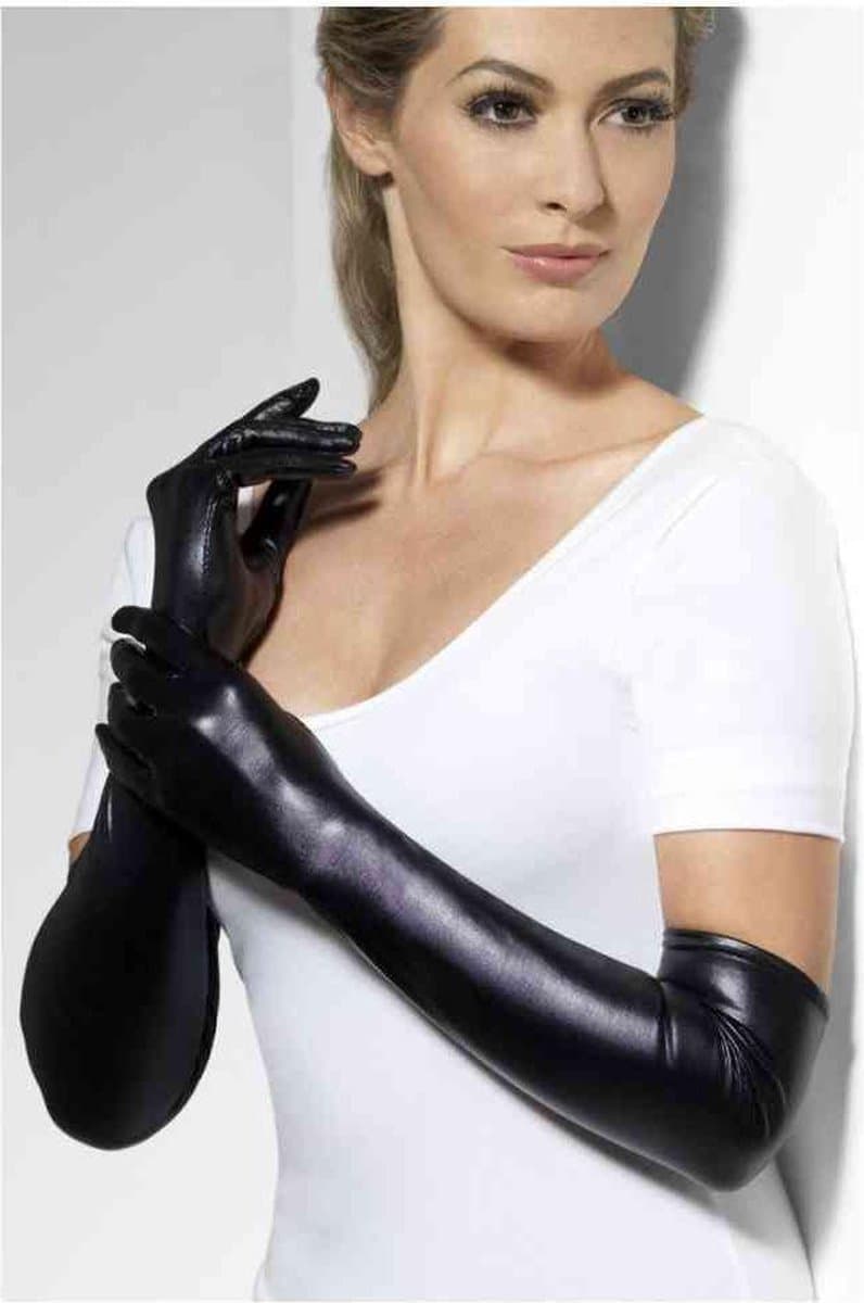 Zwarte lange wetlook handschoenen voor dames — afbeelding 1