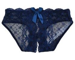 Sexy Slip met Kant - Open Kruis - Blauw Kant - Erotisch Design met Bloemen en Strik - One Size String - Dames Onderbroek - Lingerie / Ondergoed