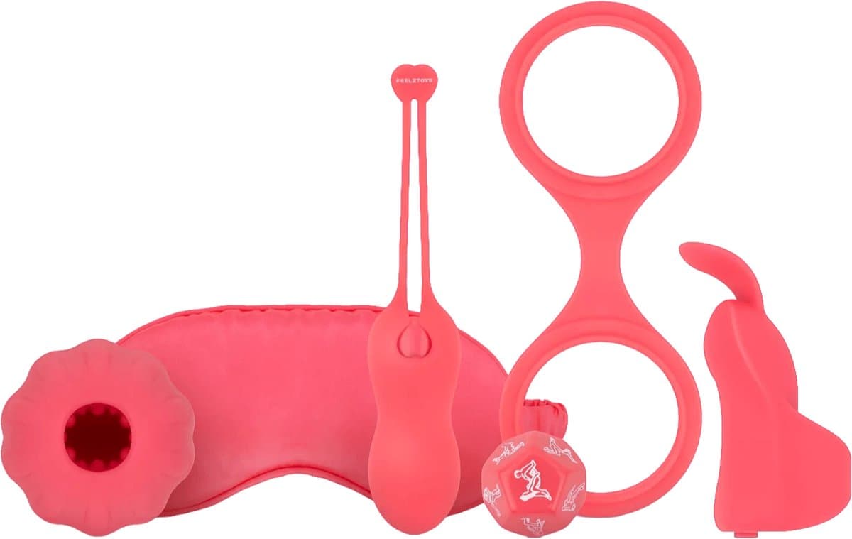 Erotische Geschenkset - Seksspeeltje - Koppels - Erotiek - Masturbator Sleeve - Oogmasker - Vinger Vibrator - Dobbelstenen - Handboeien - Vibrerende Kegelballen - Unisex - Roze - FeelzToys - You & Me — afbeelding 1
