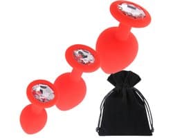 Mona - Zacht Silicone Anale Plug Set - 3 Maten - Rode Kristallen - Waterdicht