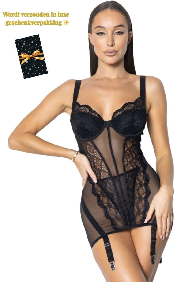 Luxe Lingerieset Dames – Sexy Lingerie – Erotische Lingerie Set – Corset Lingerie met Jarretels – Zwart Kant – Beugel BH – High Waist Lingerie – Boudoir Set – Chique – High End – Madam Hommard – Exclusief – Cadeau Set – Dare to Undress – XS, S, M, L — afbeelding 1