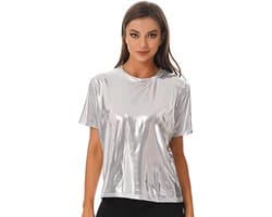 Metallisch T-shirt voor Dames, Glanzend Holografisch Top, Korte en Lange Mouwen, Perfect voor Carnaval en Feestjes