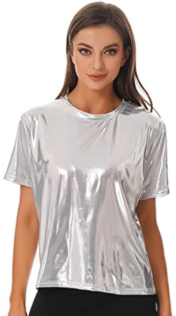 Metallisch T-shirt voor Dames, Glanzend Holografisch Top, Korte en Lange Mouwen, Perfect voor Carnaval en Feestjes — afbeelding 1