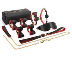 BDSM Luxe Etui - Luxe Leren Reistas - 8-delige set - kinky - rood/zwart bdsm - Handboeien - Enkelboeien - ball gag - zweep - Blinddoek