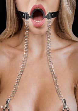 Shots Ouch! - O-Ring Gag met Tepelklemmen - Zwart — thumbnail 1