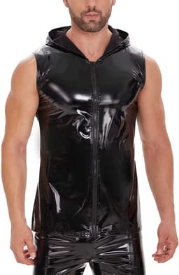 PU Lederen tanktop met capuchon - Ritssluiting - Latex wetlook vest - Mouwloos - Shirt - Heren — thumbnail 3