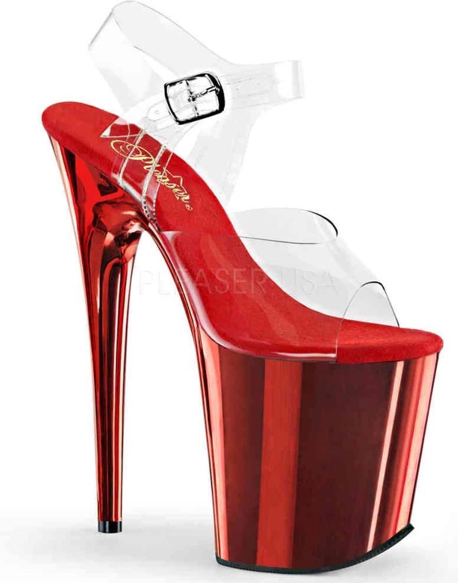 Pleaser - FLAMINGO-808 Sandaal met enkelband, Paaldans schoenen - Paaldans schoenen - 37 Shoes - Rood/Transparant — afbeelding 1
