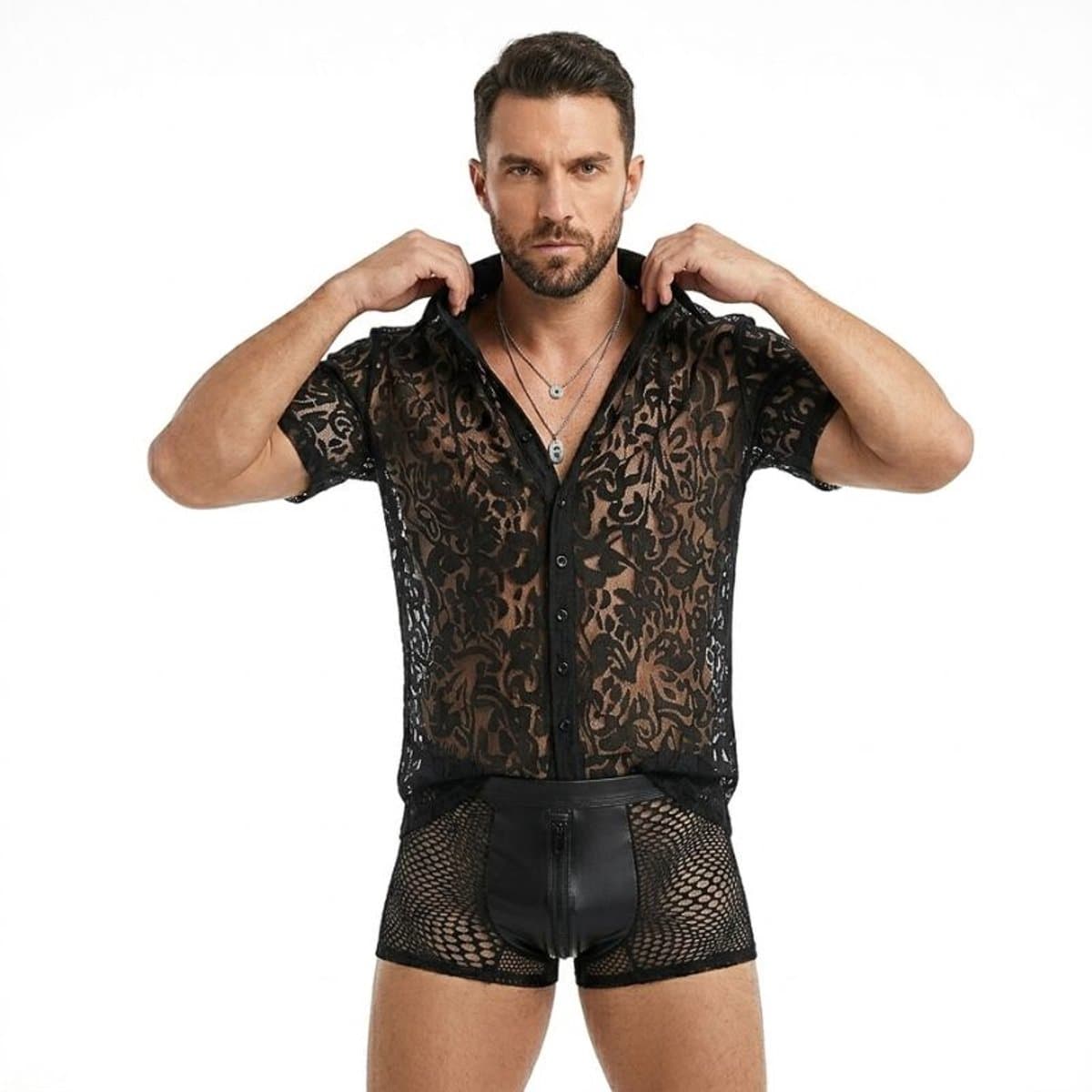 Erotische Herenblouse Zwart - Transparant Kanten Overhemd voor Heren - Sexy Clubwear voor Mannen - Maat XL — afbeelding 1