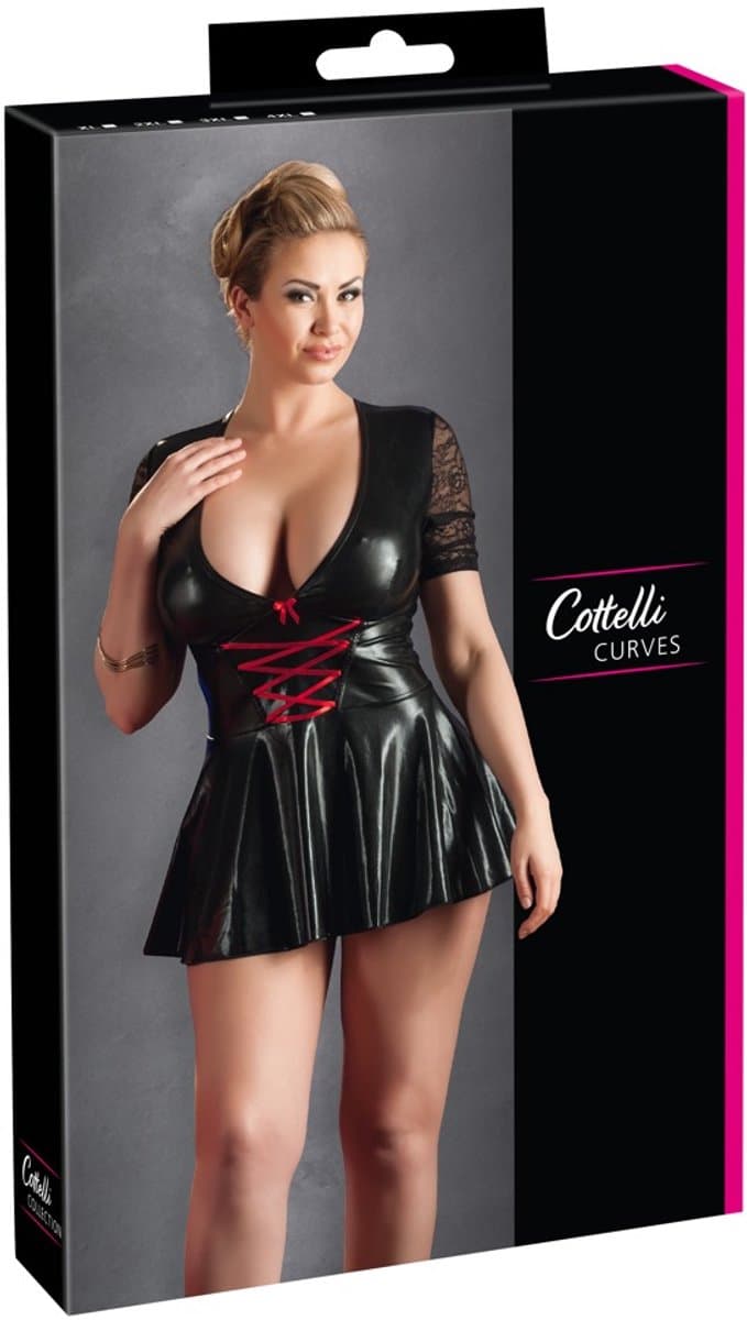 Cottelli Plus Size – Wetlook Mini Jurk met Rode Veters en Diepe Decolleté Kinky en Uitdagend – Maat 4XL – Zwart — afbeelding 1