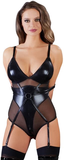 Cottelli Collection – Bondage Jarretel Body Wetlook met Elleboog Riemen en Tepel Sluiting – Maat M – Zwart — thumbnail 3